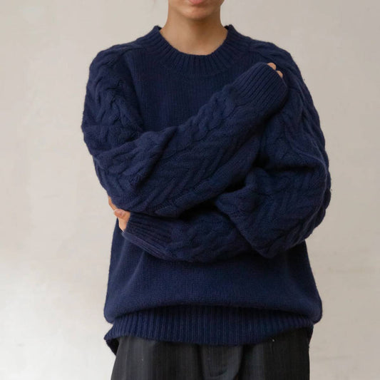 WOMEN AKABA MILANO ラウンドネック アラン編み ミックス プルオーバー（3色）