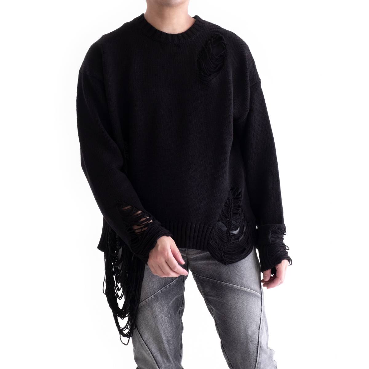 DISCOVERED DAMAGE COTTON KNIT(BLACK)