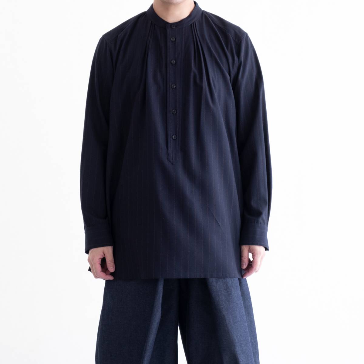 IRENISA PULL OVER GATHER SHIRT(NAVY STRIPE)